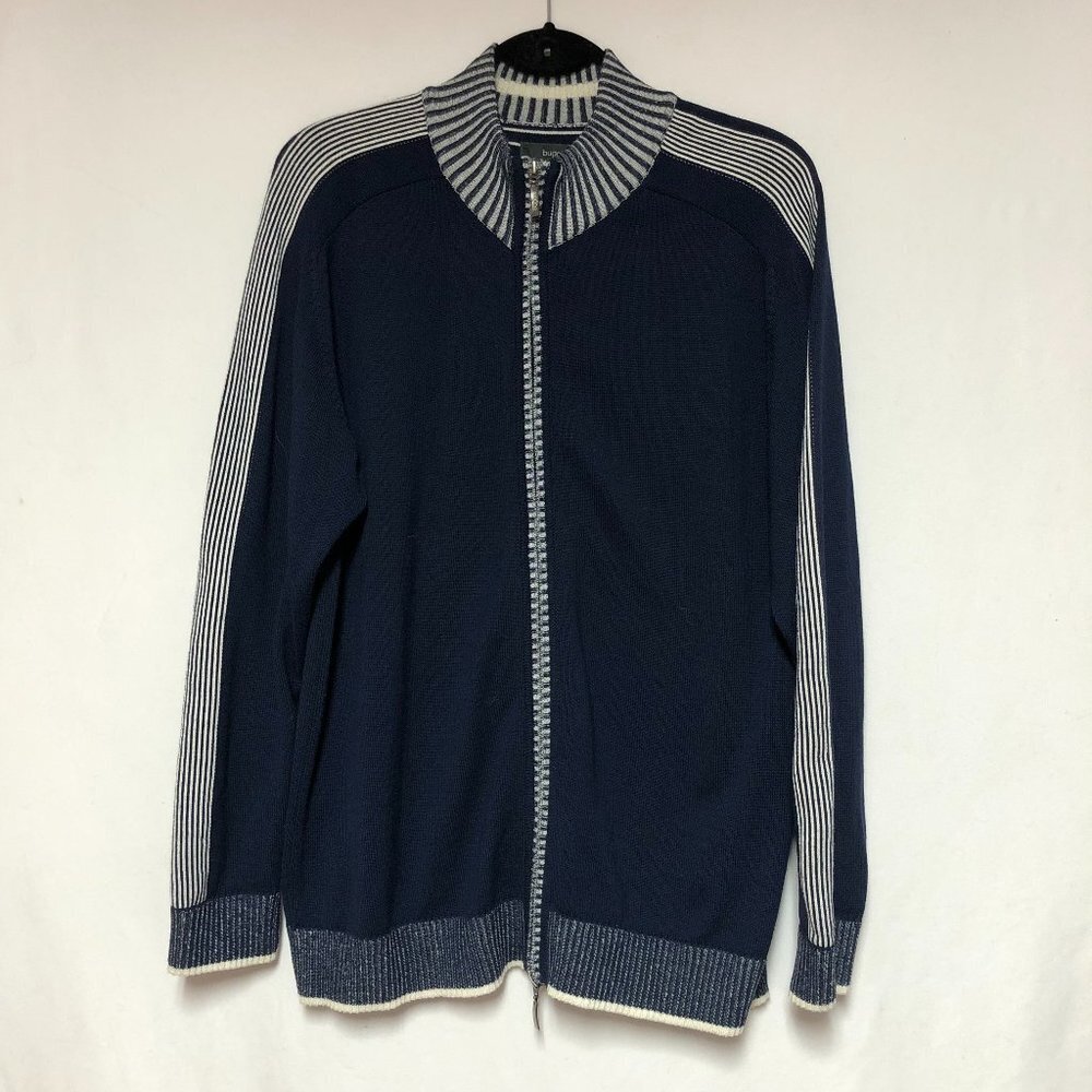 Bugatti Navy & Cream Long Sleeve Zip Up Knit Sweater Size 42 (Large)